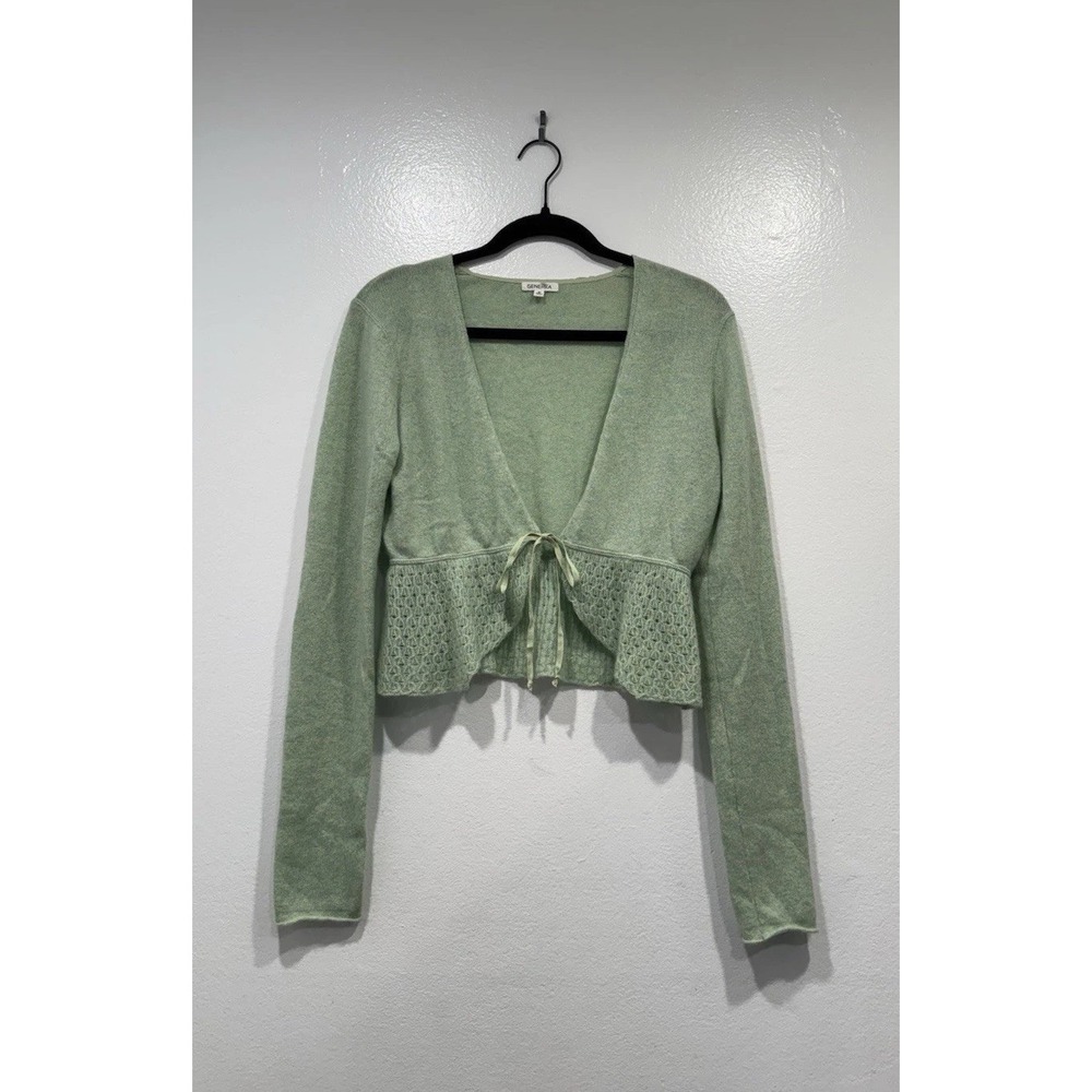 GENERA Green Crochet Cashmere‎ Long Sleeve Cardigan Sweater Cottage Medium READ